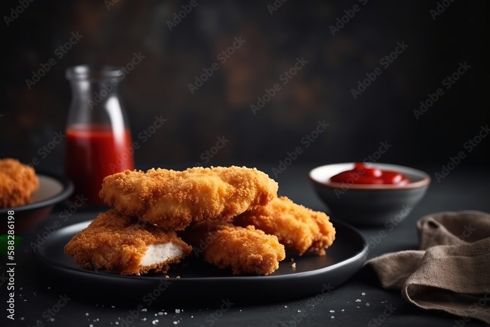  a plate of fried chicken with ketchup and a bottle of ketchup on the side of the plate and a cloth 