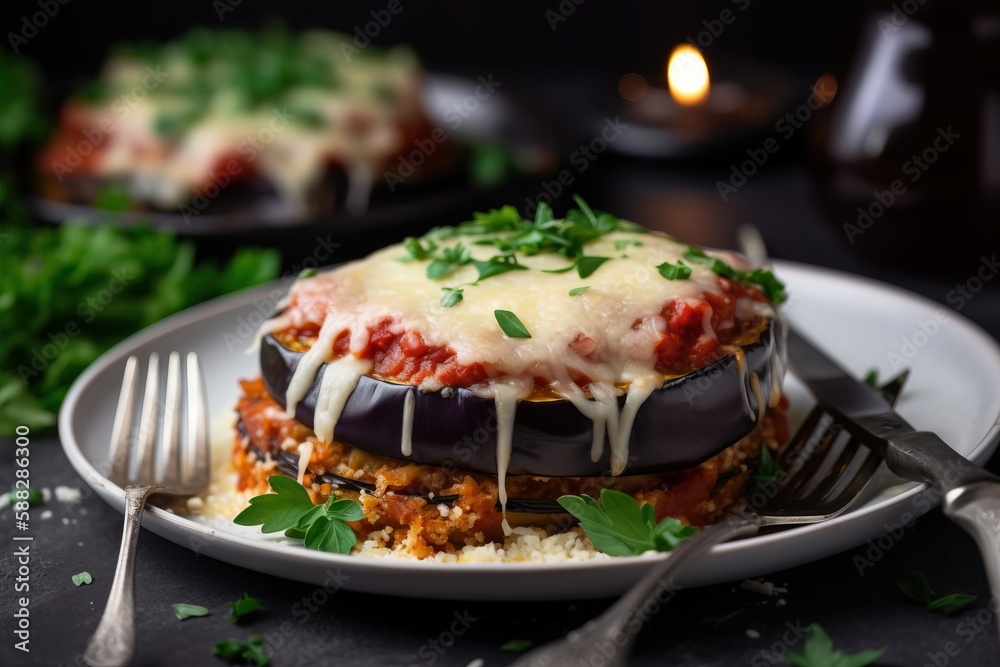  a plate of lasagna covered in cheese and sauce with a fork on the side of the plate and a candle in