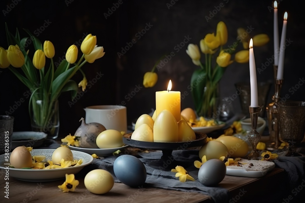  a table topped with plates and candles next to yellow tulips and other flowers and eggs on a tablec