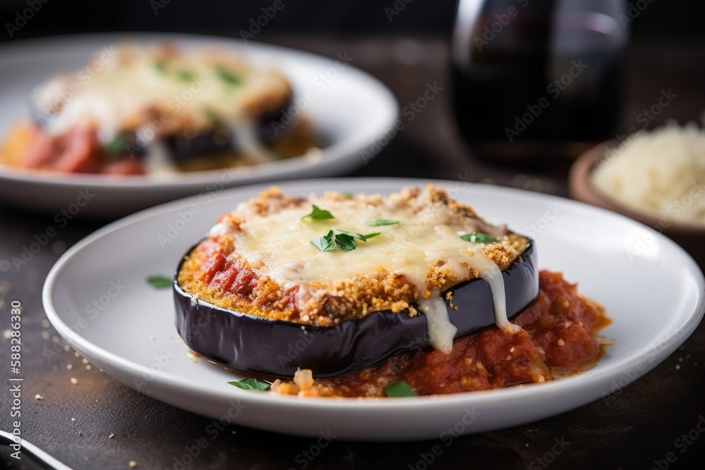  a plate of stuffed eggplant covered in sauce and cheese with a fork next to the plate of stuffed eg