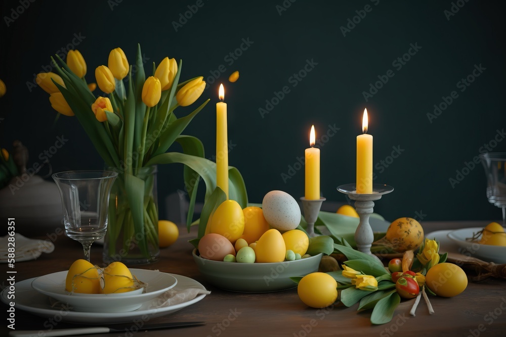  a table topped with a bowl of fruit and a vase filled with yellow tulips next to a couple of candle