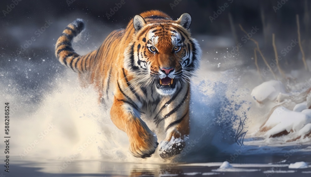 The majestic tiger in motion through the snow, generative ai