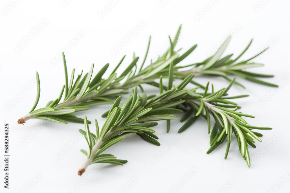  a branch of rosemary on a white background with clippings to the right of the image and the top of 