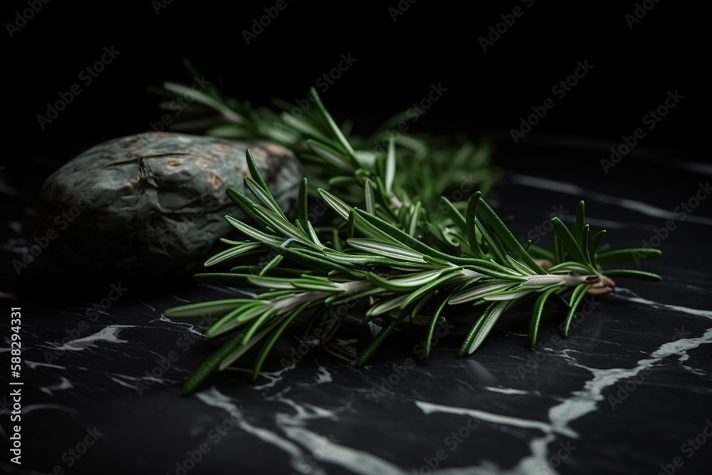  a sprig of rosemary sits on a marble countertop next to a rock and a sprig of rosemary on a black m