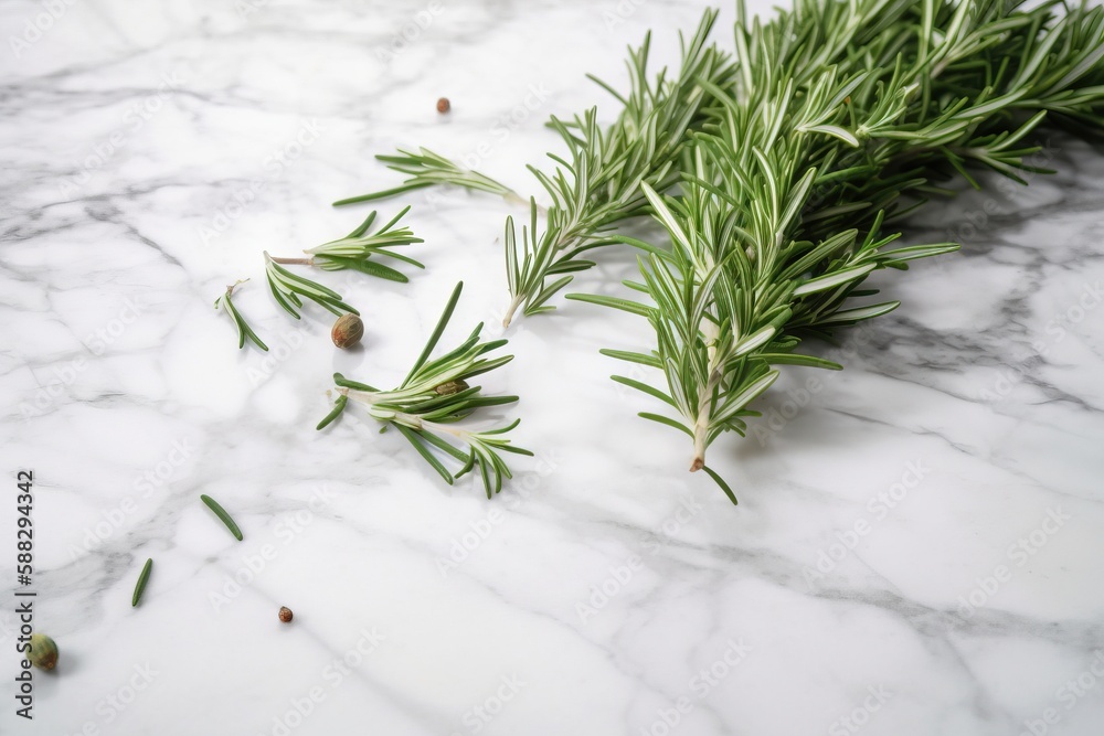  a close up of a rosemary plant on a marble counter top with a sprig of rosemary on the side of the 