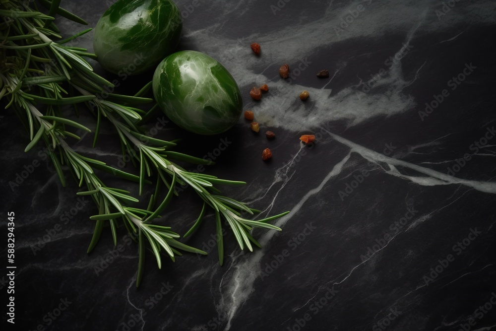  a couple of green eggs sitting on top of a table next to a sprig of green leaves and spices on top 