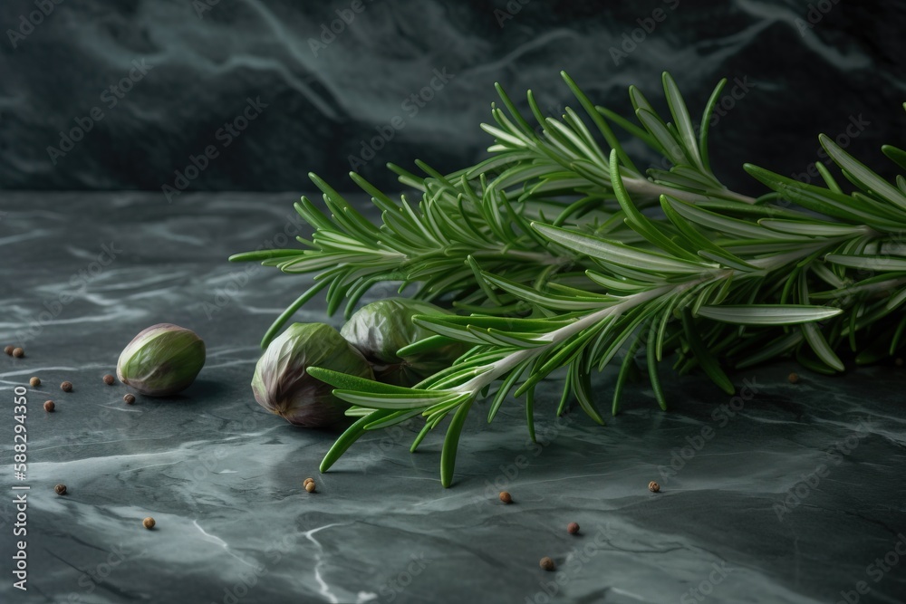  a sprig of rosemary next to a couple of olives on a marble surface with a sprig of rosemary in the 