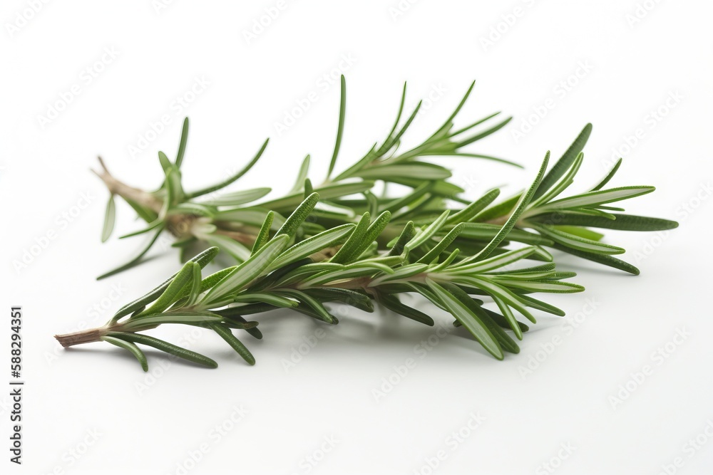  a sprig of rosemary on a white background with a clipping for the top of the sprig to the right of 