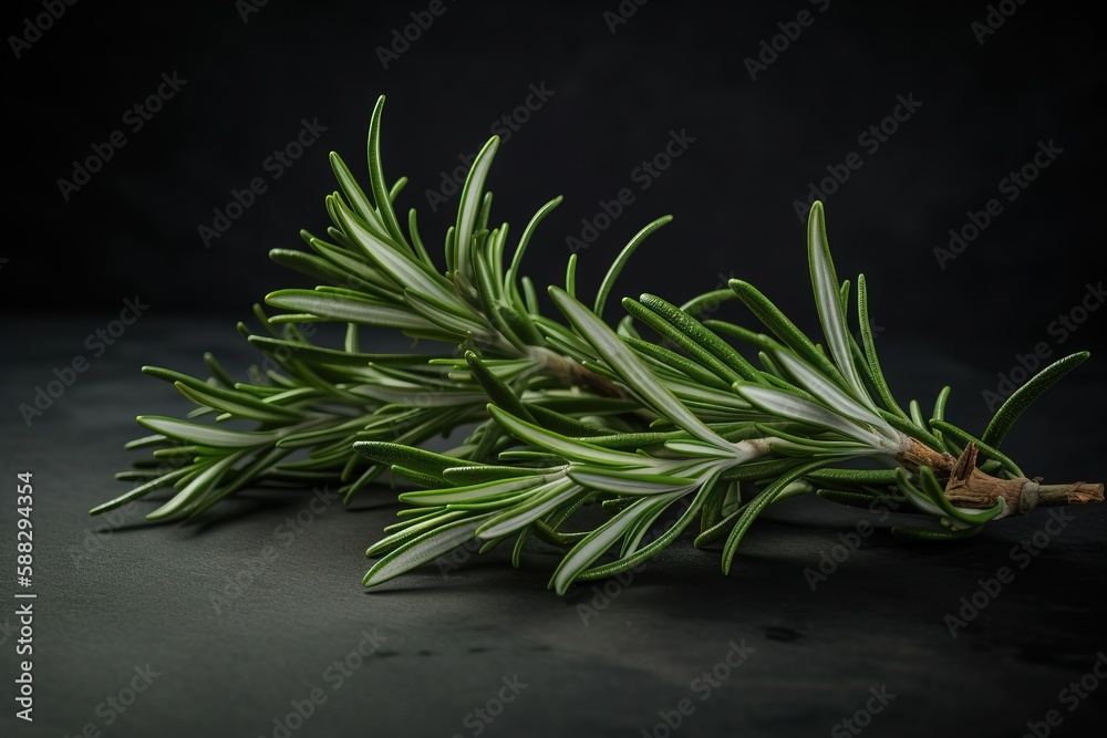  a sprig of rosemary on a black background with a black background and a black background with a bla