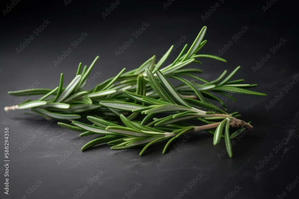  a close up of a bunch of rosemary on a black surface with a black background with a small amount of