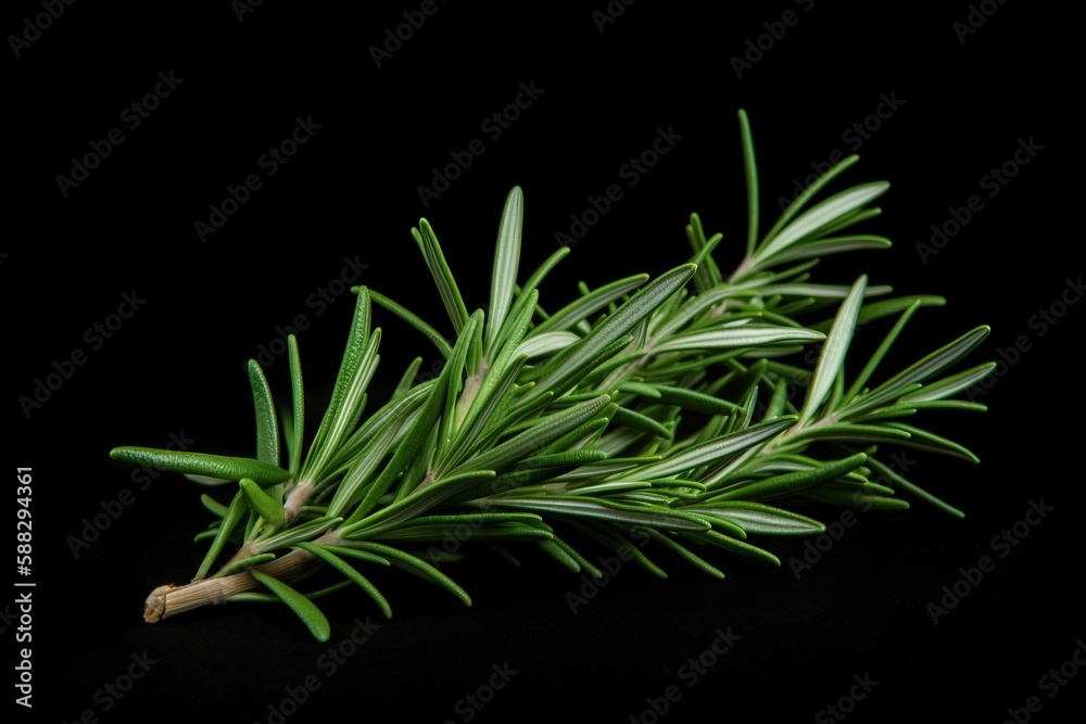  a sprig of rosemary on a black background with room for text or image to put on a card or on a clip