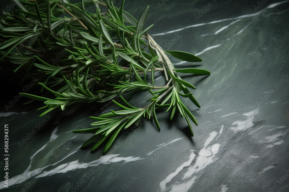  a sprig of rosemary on a marble counter top with a black background and a white marble pattern on t