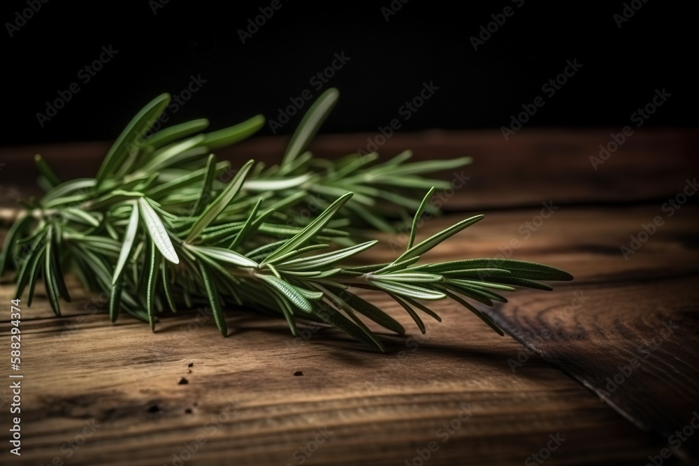  a sprig of rosemary on a wooden table with a black back ground and a black background with a small 