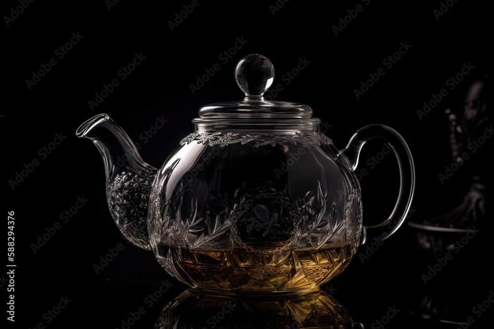  a glass teapot with a tea in it on a black surface with a reflection of the teapot on the glass sur