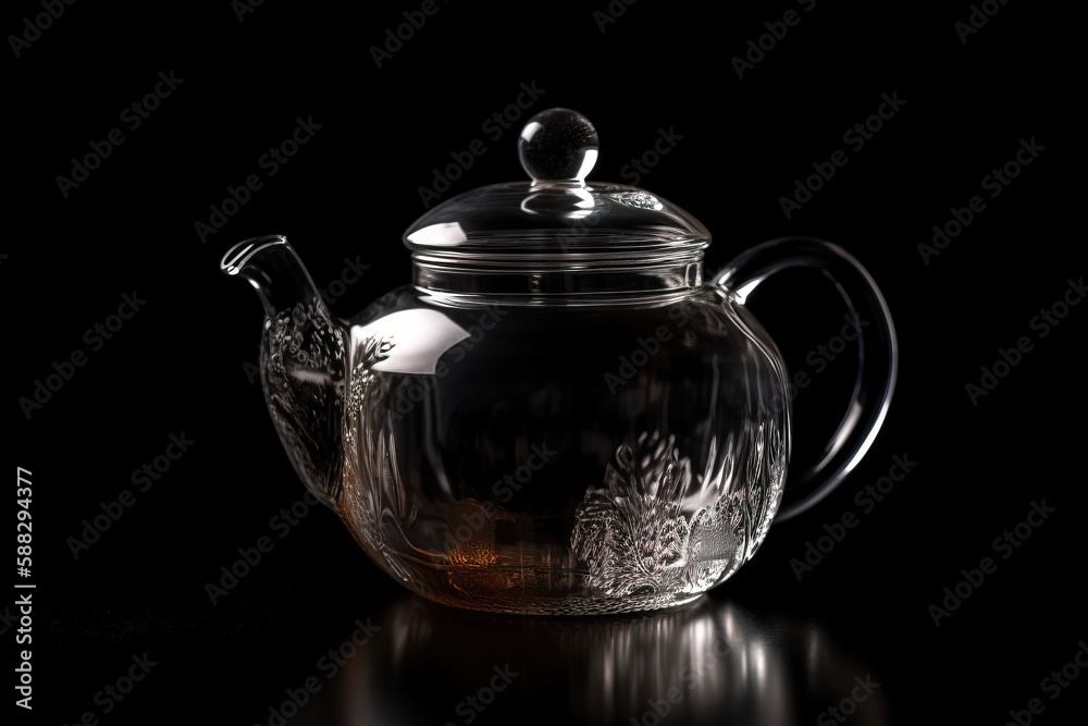  a glass teapot with a glass lid and a glass spoon on a black surface with a reflection of the teapo