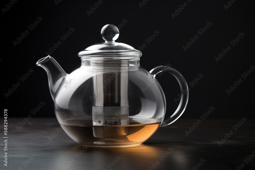  a glass teapot with a tea in it and a tea strainer in the middle of the tea is on a table with a bl