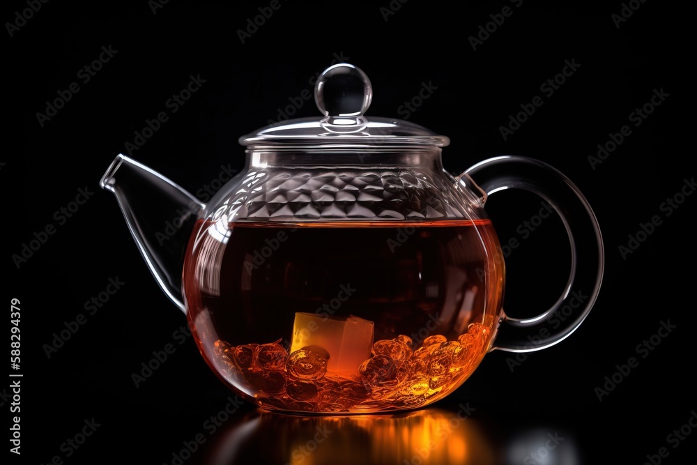  a glass teapot filled with tea and ice cubes on a black surface with a reflection of the tea in the