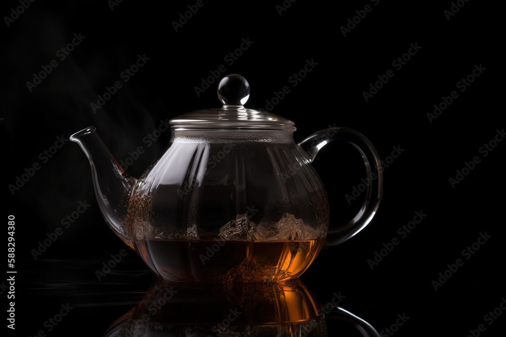  a glass teapot with steam rising from it on a reflective surface with a reflection of the tea in th