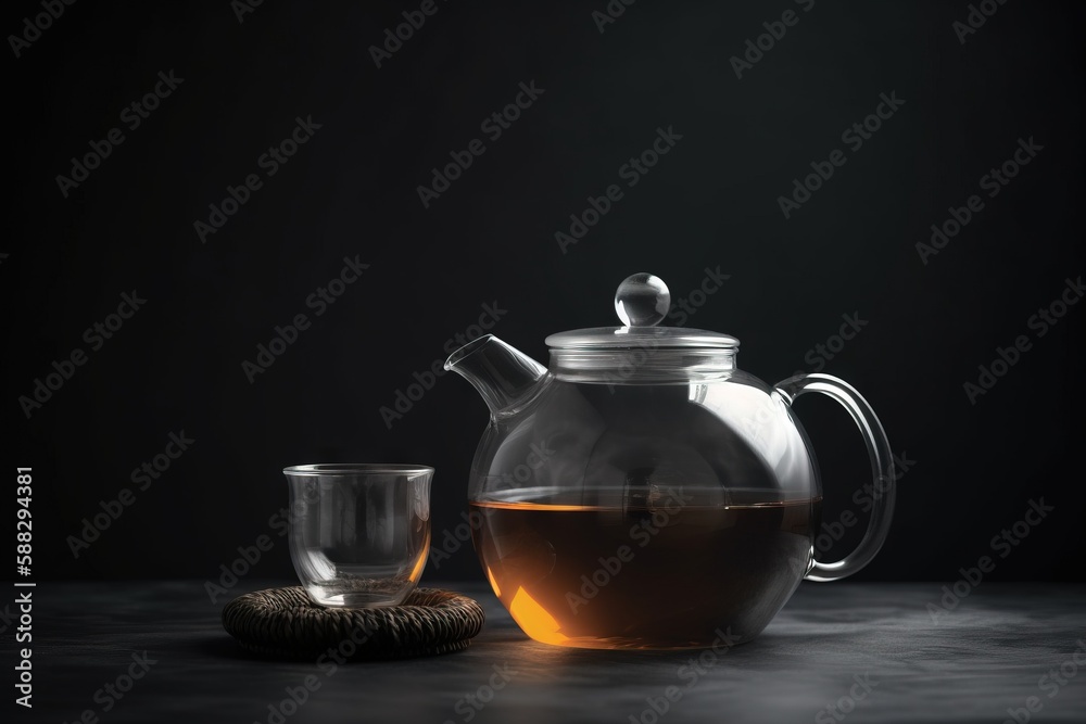  a glass tea pot and a glass cup with a tea strainer on a table with a black background and a black 