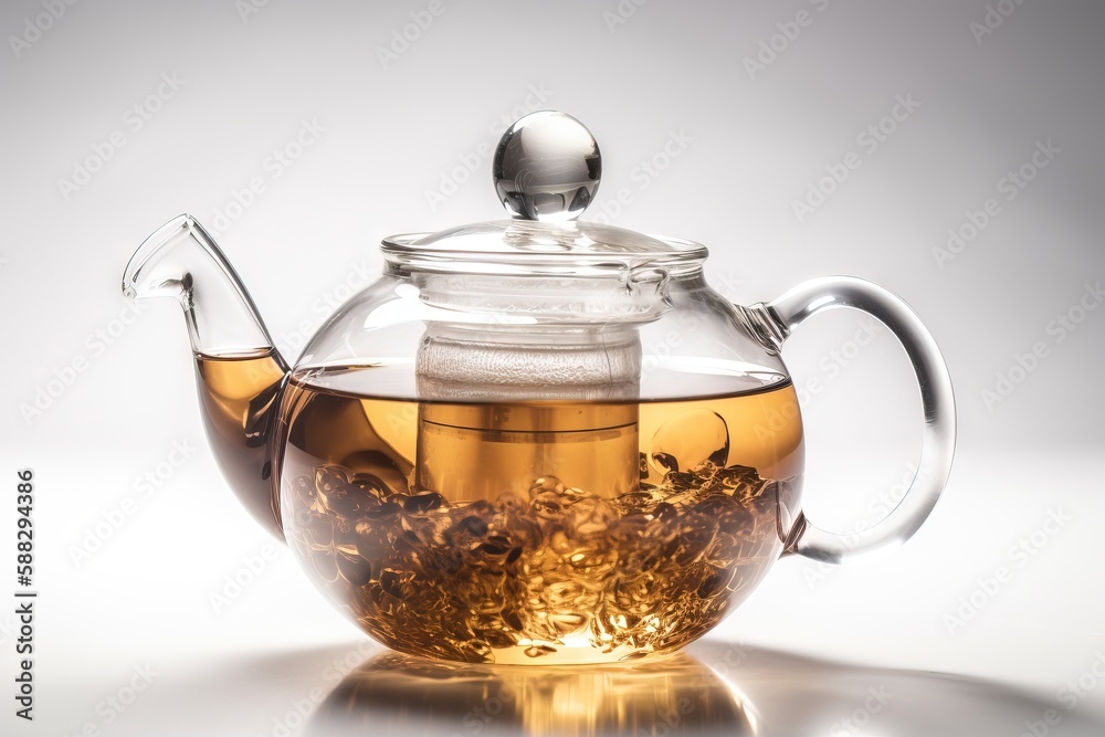  a glass teapot filled with tea and tea leaves on a reflective surface with a tea ball in the top of