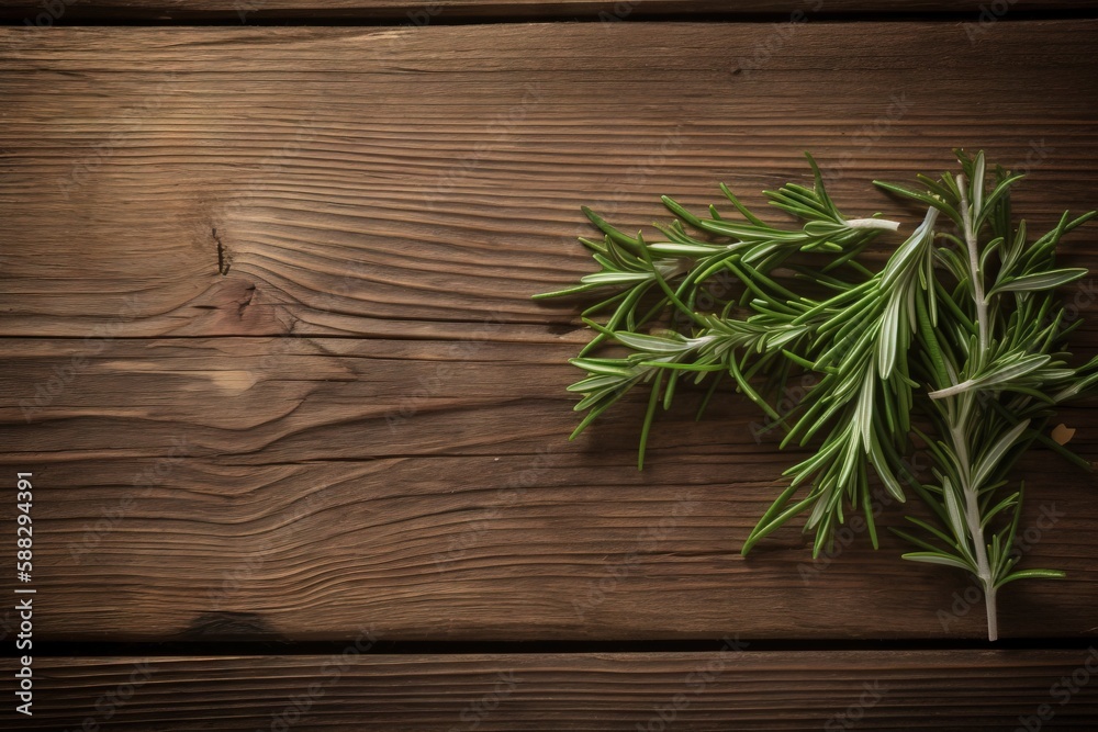  a sprig of rosemary on a wooden table top view from above with space for a text or a logo on the si