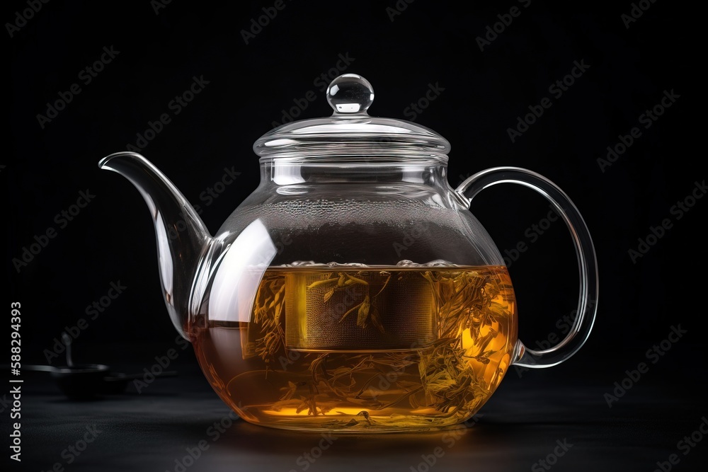  a glass teapot filled with tea and a cup of tea on a black tablecloth with a tea bag in front of it