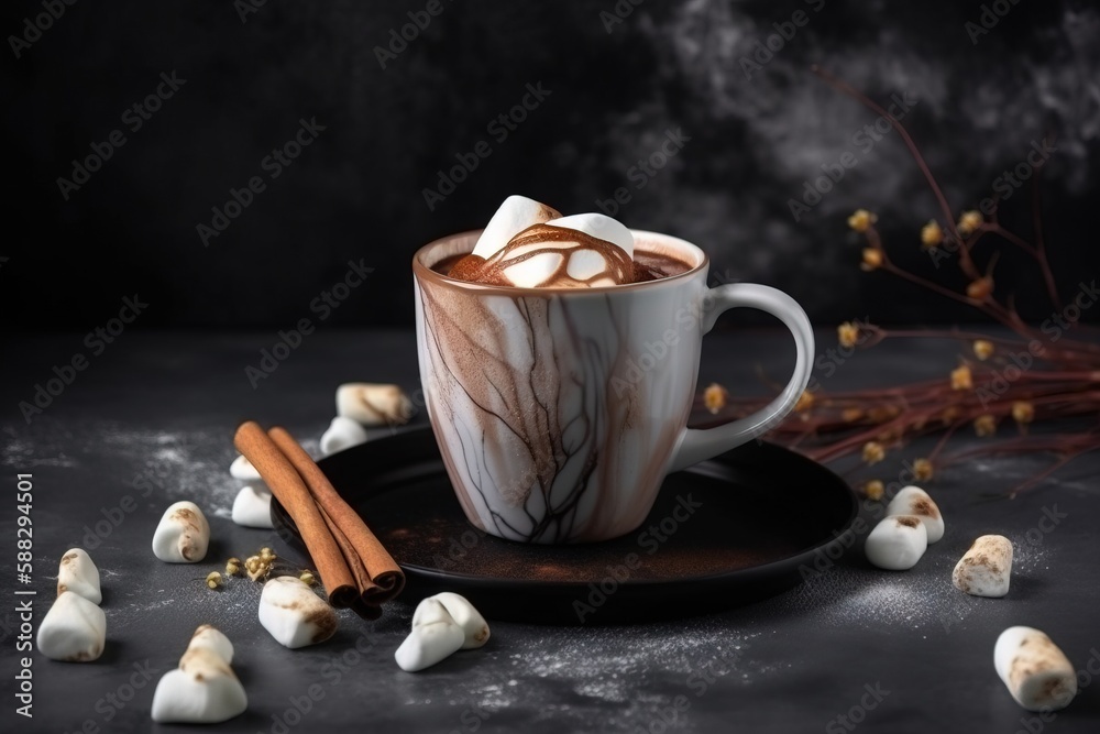  a cup of hot chocolate with marshmallows and cinnamon on a black plate with smoke coming out of the