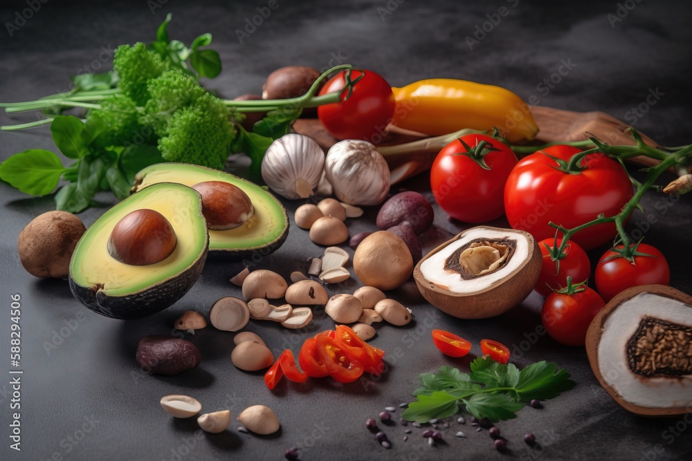  a variety of vegetables and fruits on a black surface with a wooden cutting board on the side of th