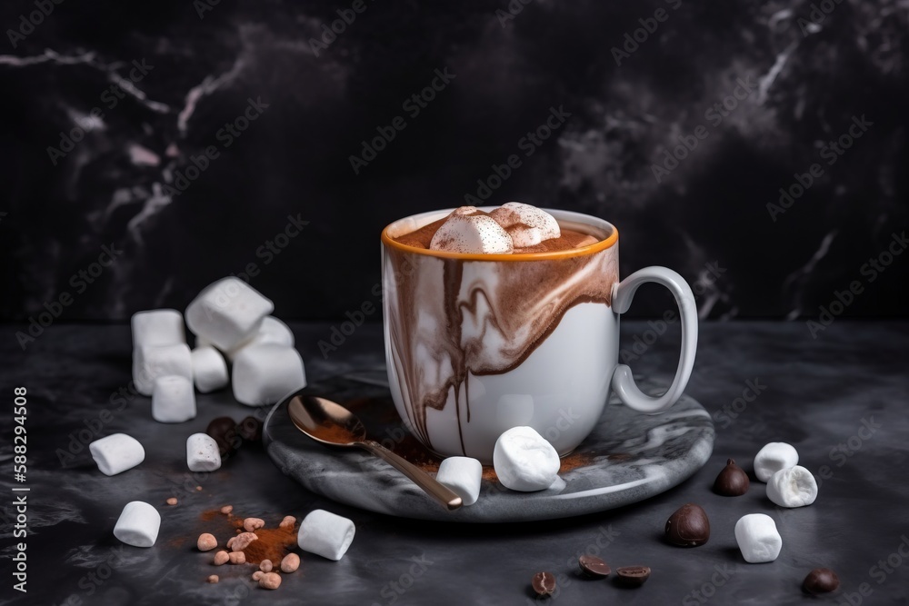  a cup of hot chocolate with marshmallows on a saucer and a spoon on a black table with a dark backg