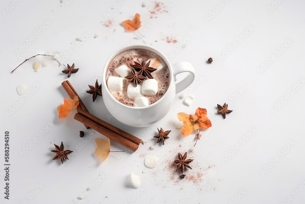  a cup of hot chocolate with cinnamons and star anise on a white background with scattered stars and