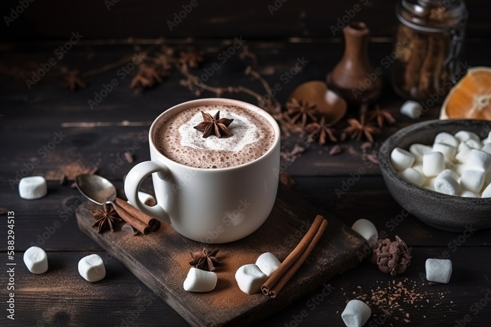  a cup of hot chocolate with marshmallows on a cutting board with spices and cinnamons around the cu