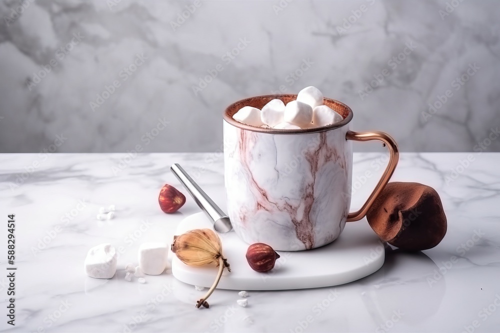  a cup of hot chocolate with marshmallows on a marble surface with a spoon and spoon rest on the sid