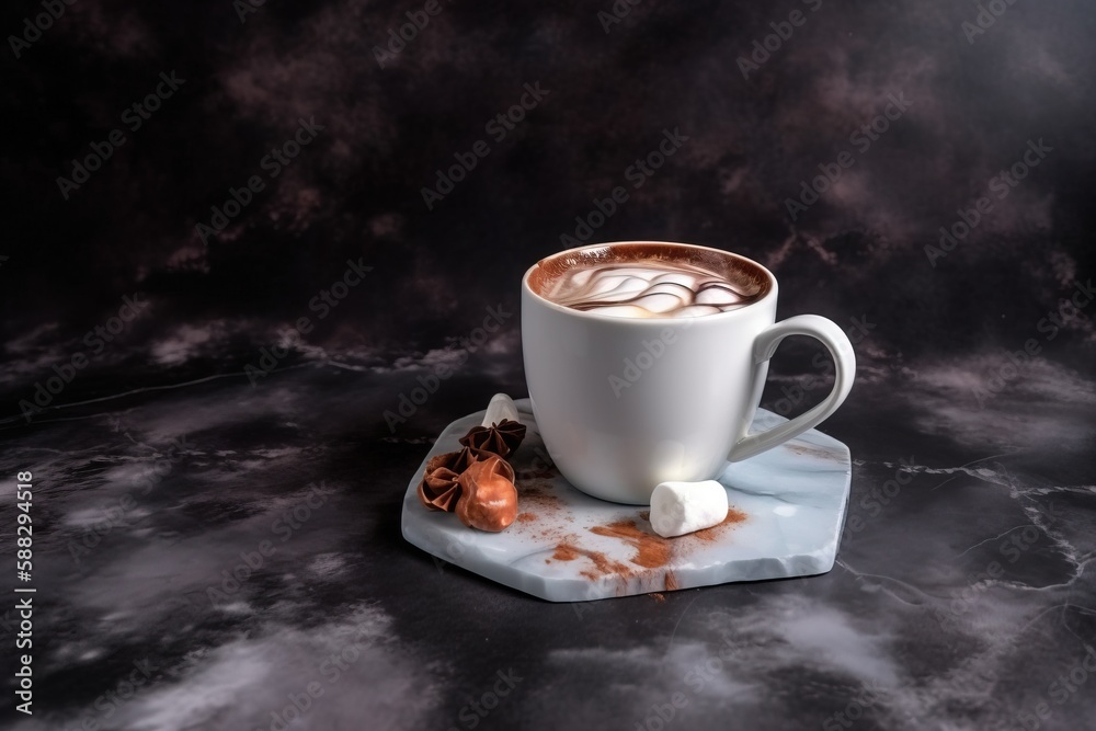  a cup of hot chocolate with marshmallows on a marble plate on a marble surface with a black backgro