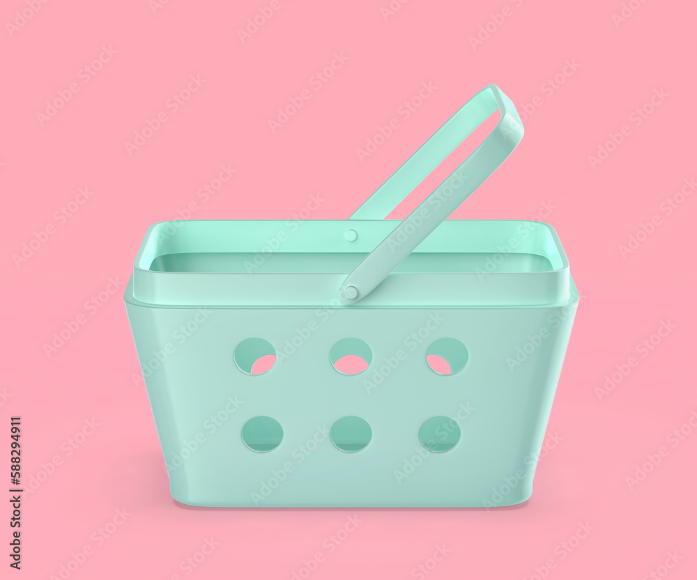 Empty plastic shopping basket on pink background, side view