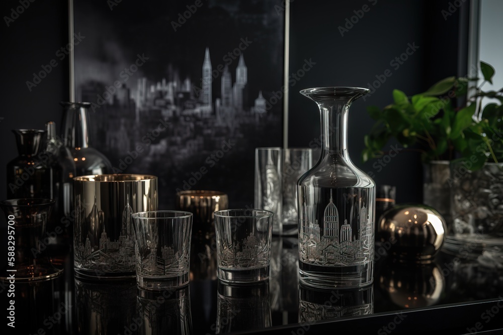  a black table topped with glasses and a vase filled with flowers and greenery on top of a black tab