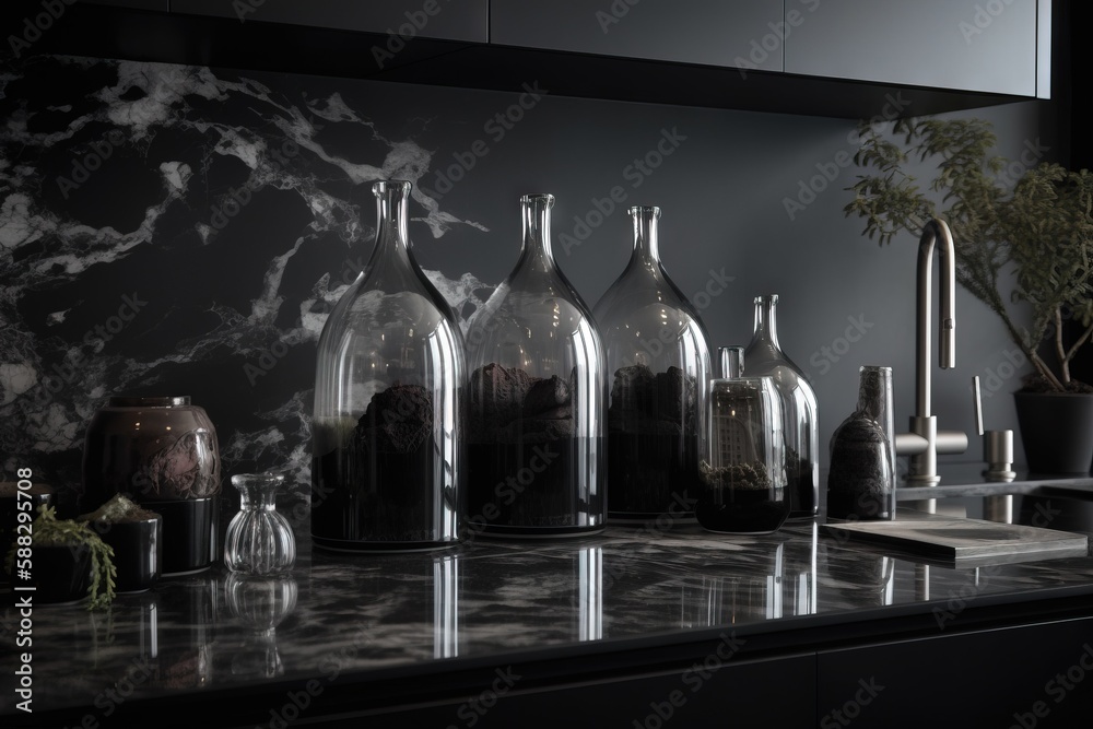  a black counter top with a bunch of bottles on it and a plant in a vase on the counter top next to 