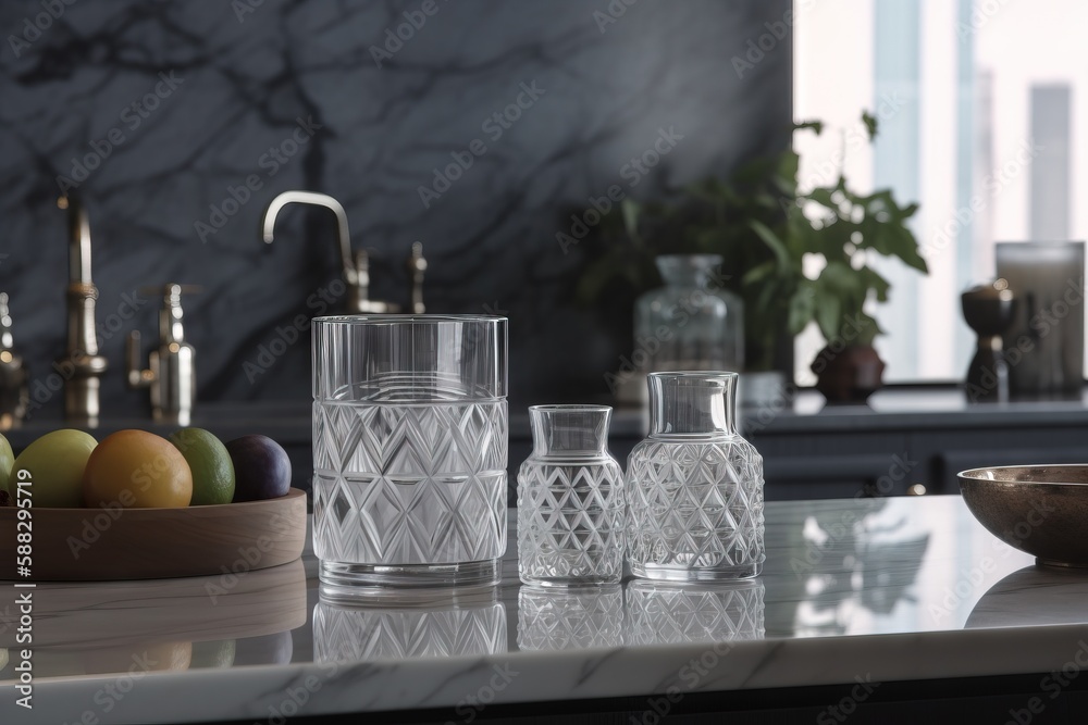  a kitchen counter with a bowl of fruit and glasses on it and a bowl of fruit on the counter in fron