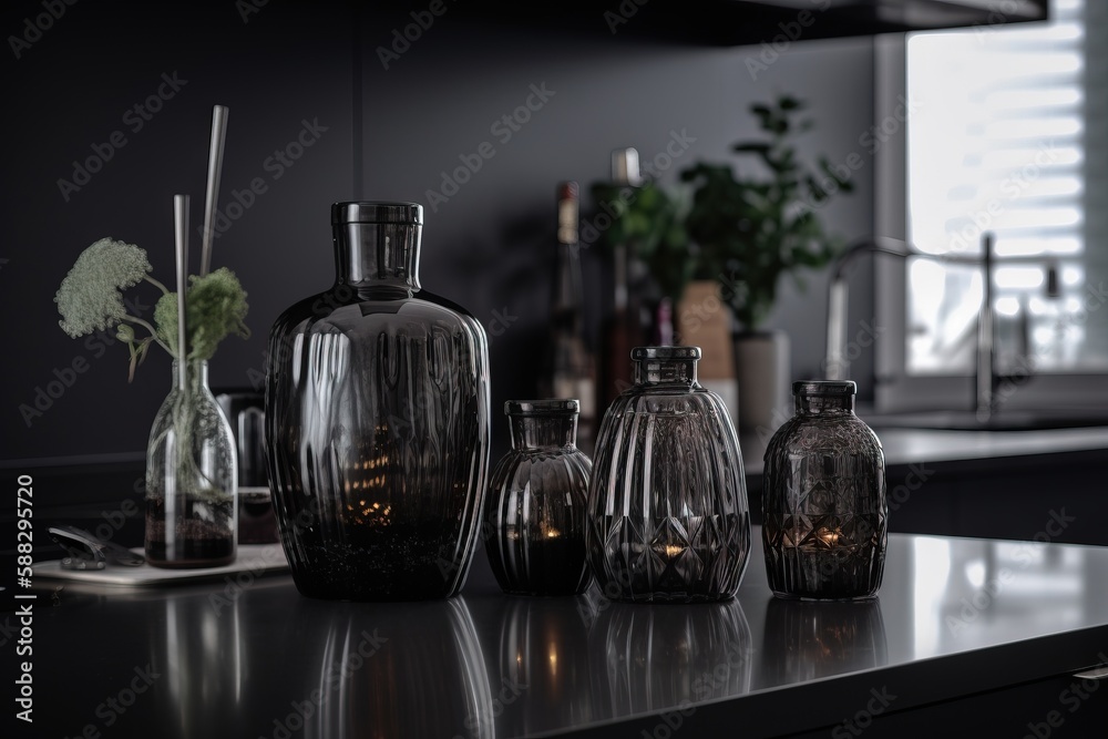  a kitchen counter topped with glass vases and a plant in the middle of the counter top with candles