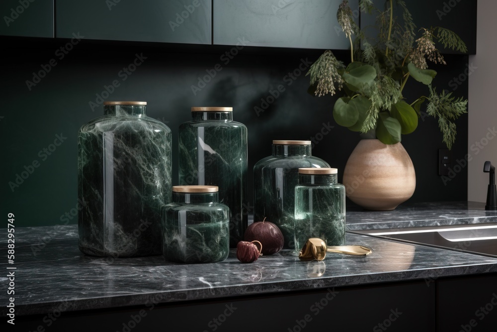  a kitchen counter with marbled jars and a vase on top of the countertop and a plant in a vase on th