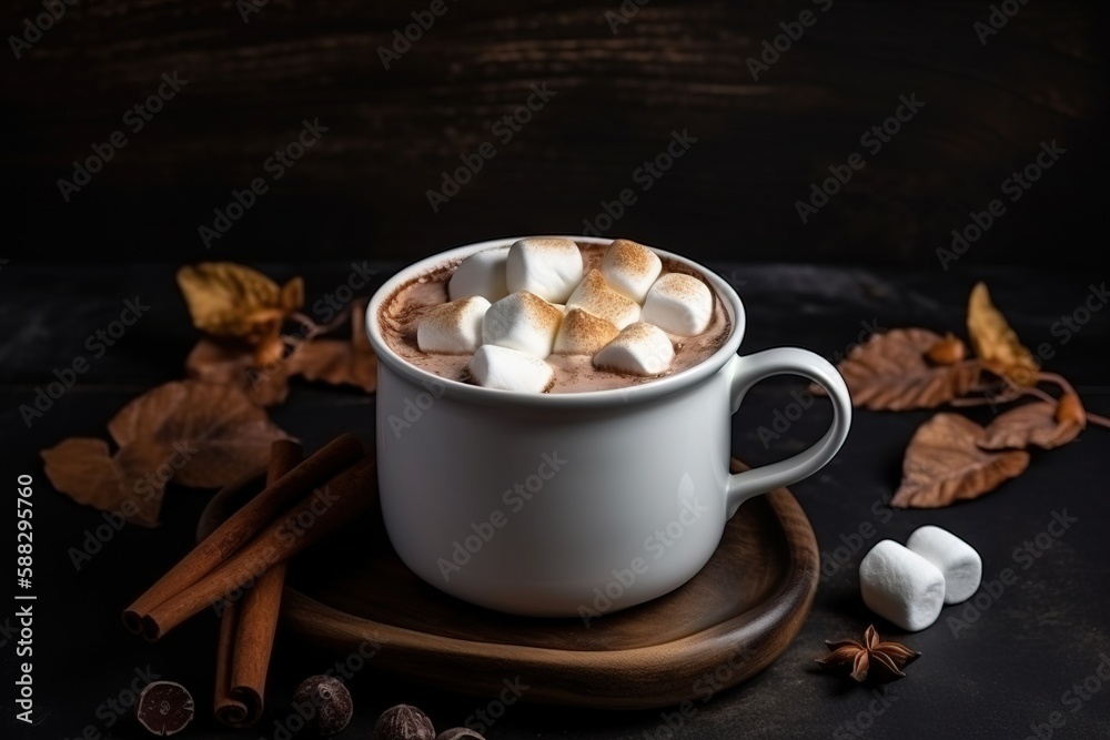  a cup of hot chocolate with marshmallows on a wooden plate and cinnamon sticks on a black backgroun