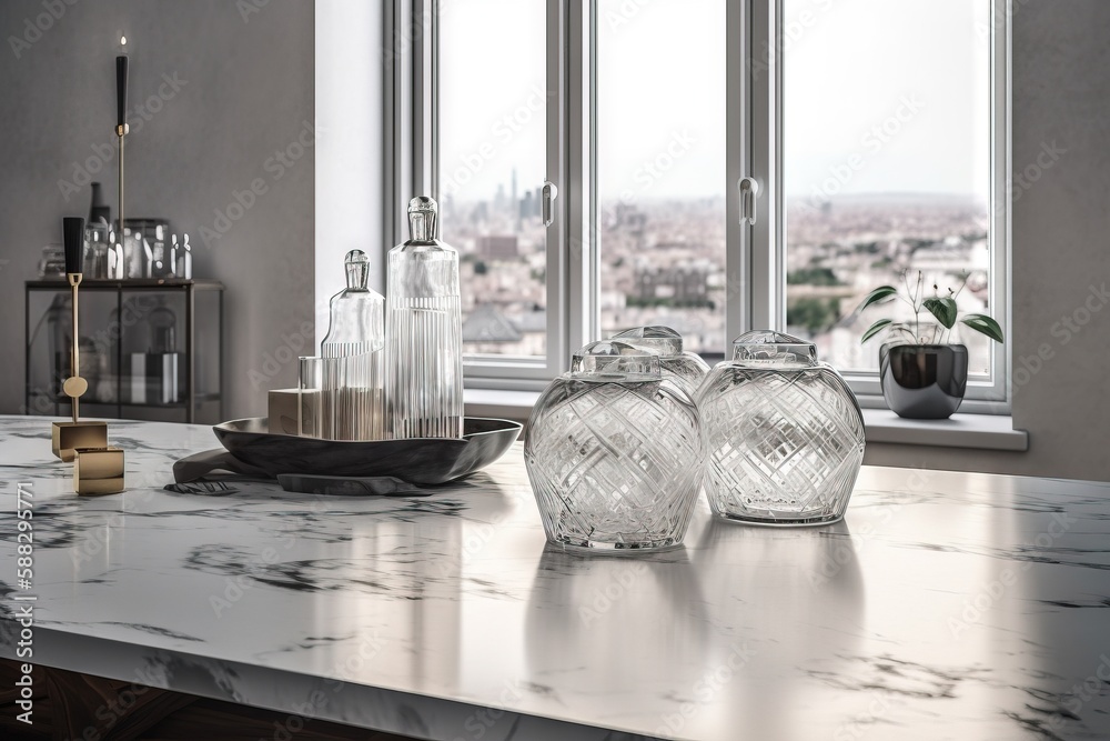  a marble counter top with vases and bottles on it in front of a window with a view of the city outs