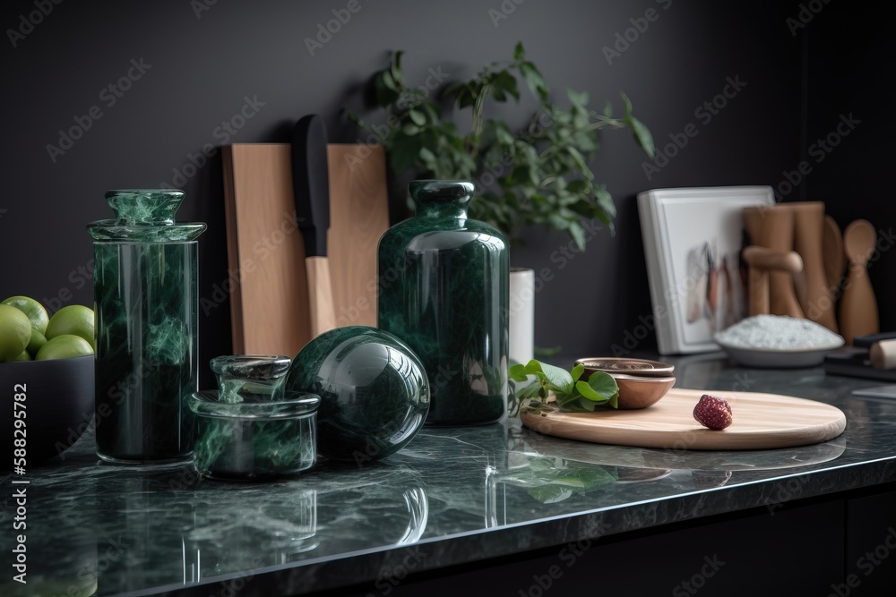  a kitchen counter with a cutting board and green vases on top of it and a cutting board on the side