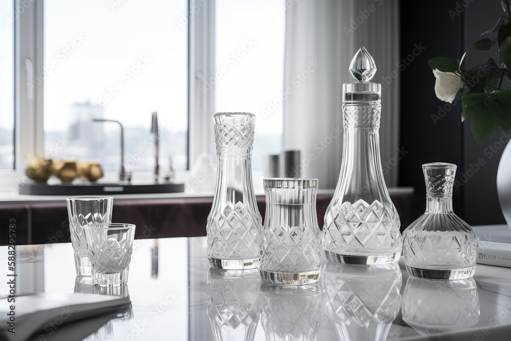  a table topped with lots of glass vases and glasses on top of a table next to a vase filled with fl