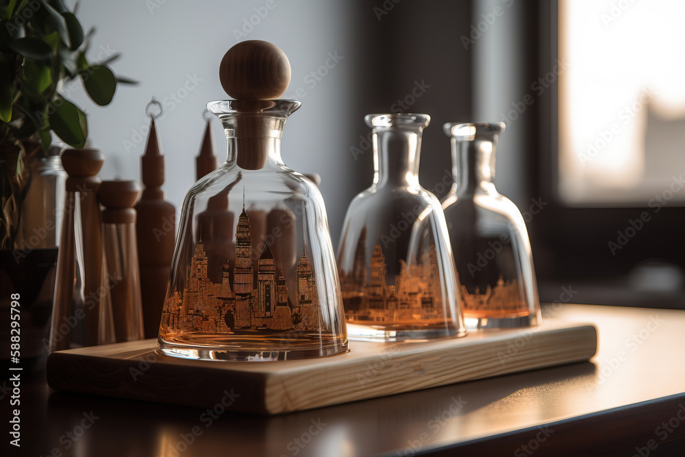  a group of glass bottles sitting on top of a wooden table next to a potted plant and a wooden block