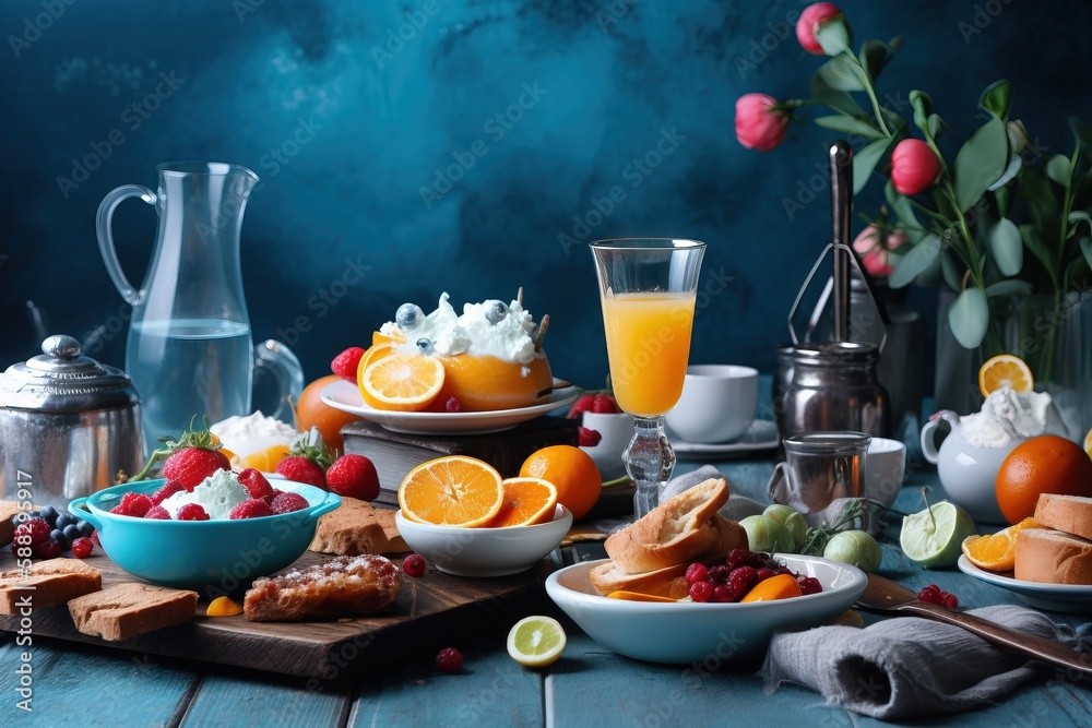  a table topped with bowls of fruit and a pitcher of oranges and a glass of orange juice next to a b