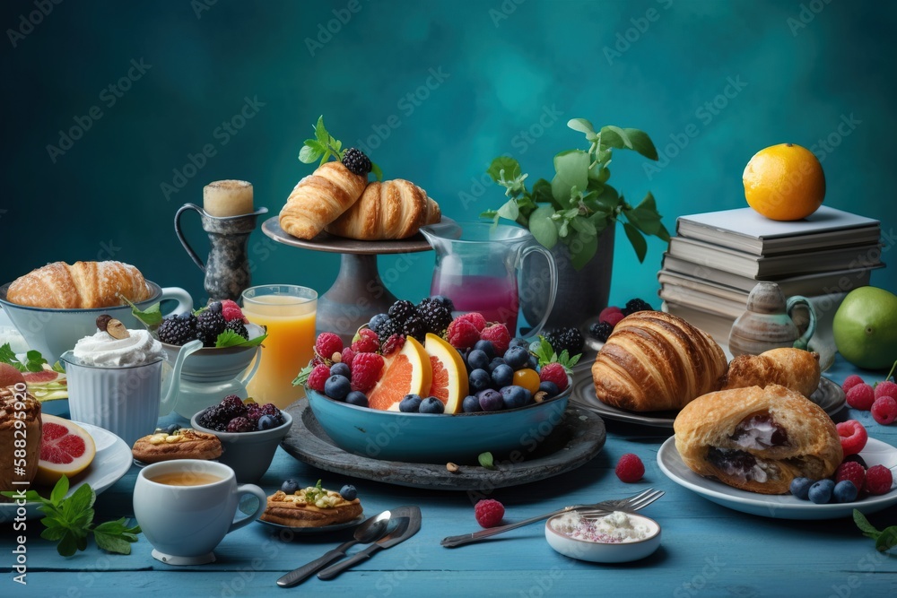  a blue table topped with a bowl of fruit and a plate of croissants next to a bowl of fruit and a pl