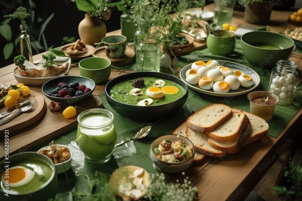  a table filled with plates of food and bowls of food on top of a wooden table next to a vase of flo