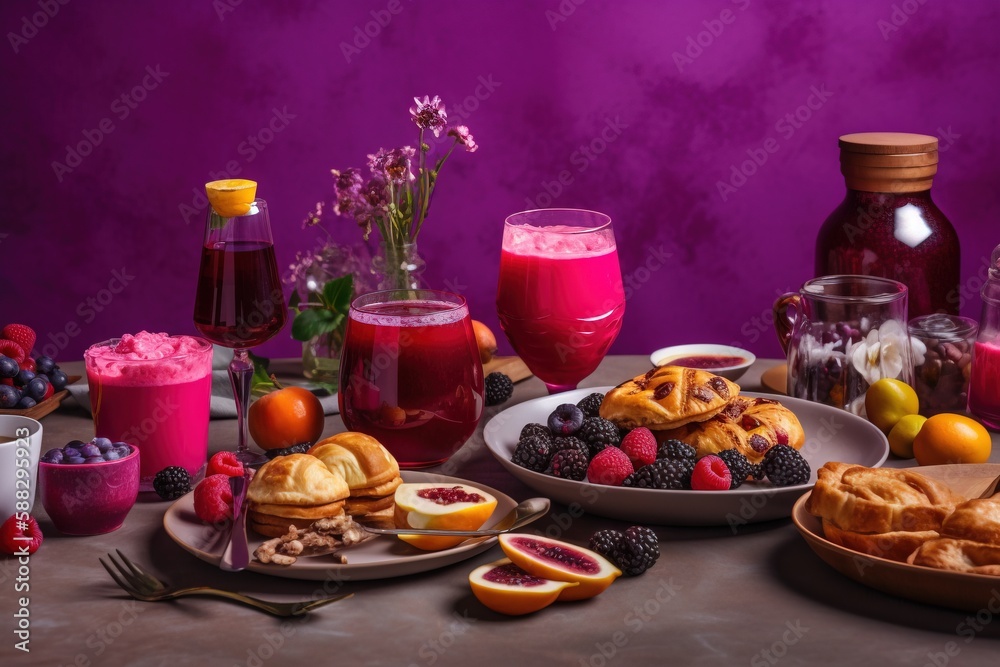  a table topped with plates of food next to cups of liquid and fruit on plates and a vase of flowers