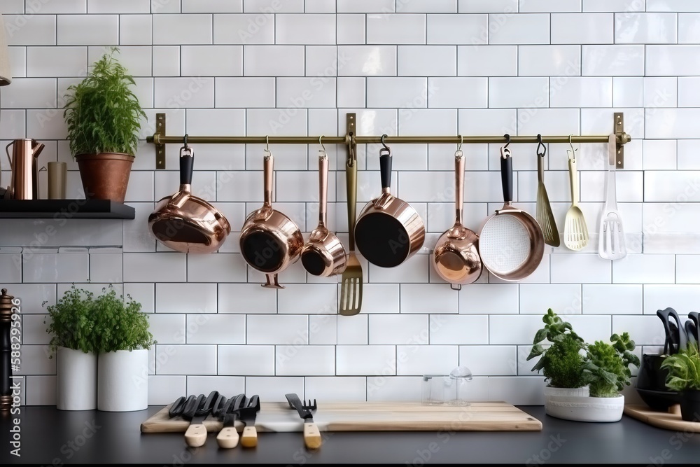  pots and pans are hanging on the wall above a kitchen counter with pots and pans on the rack and a 