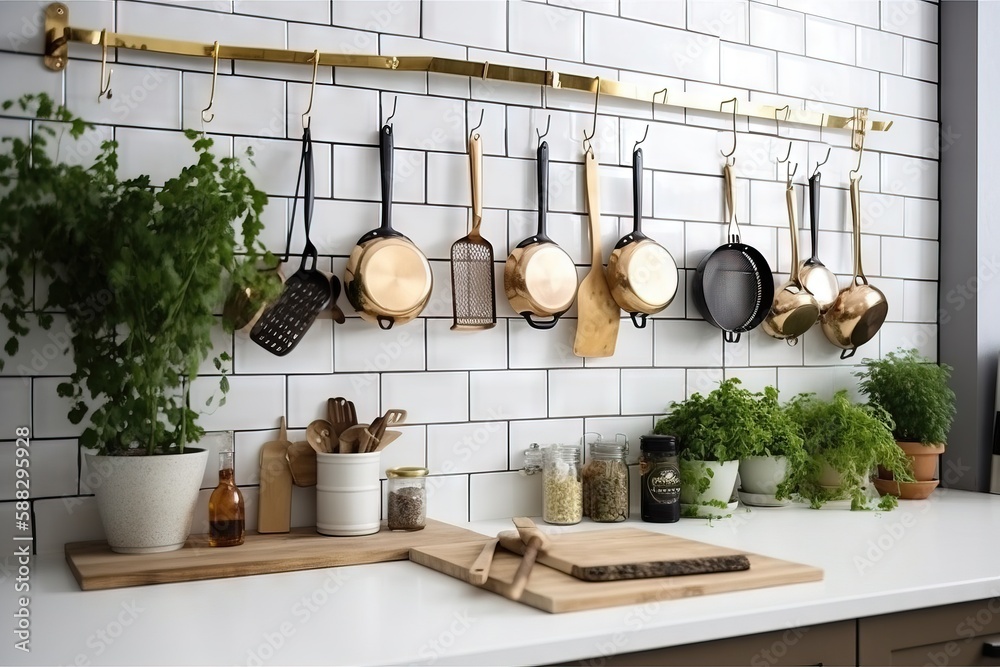  pots and pans are hanging on the wall of a kitchen with a cutting board on the counter and a cuttin